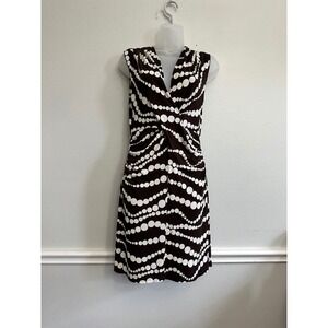 OXOXO Collection Brown White Polka Dot Wavy Geometric Ruched V-Neck Dress‎ Sz S